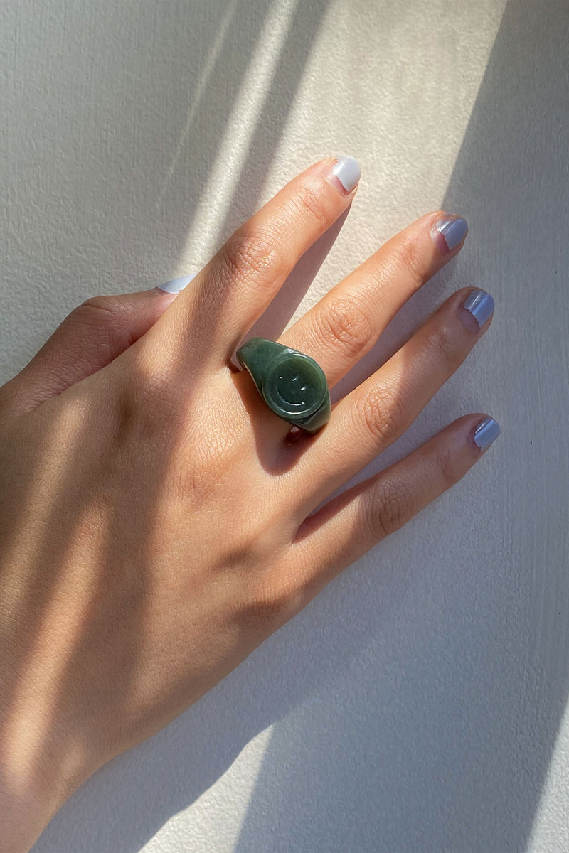 Smiley face Green jade signet ring seree