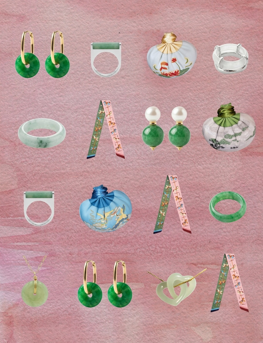 Collection of green and gold jewelry items on a pink background