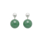 Pair of earrings with green spherical jade beads and silver posts on a white background, front view