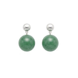 Pair of earrings with green spherical jade beads and silver posts on a white background, front view