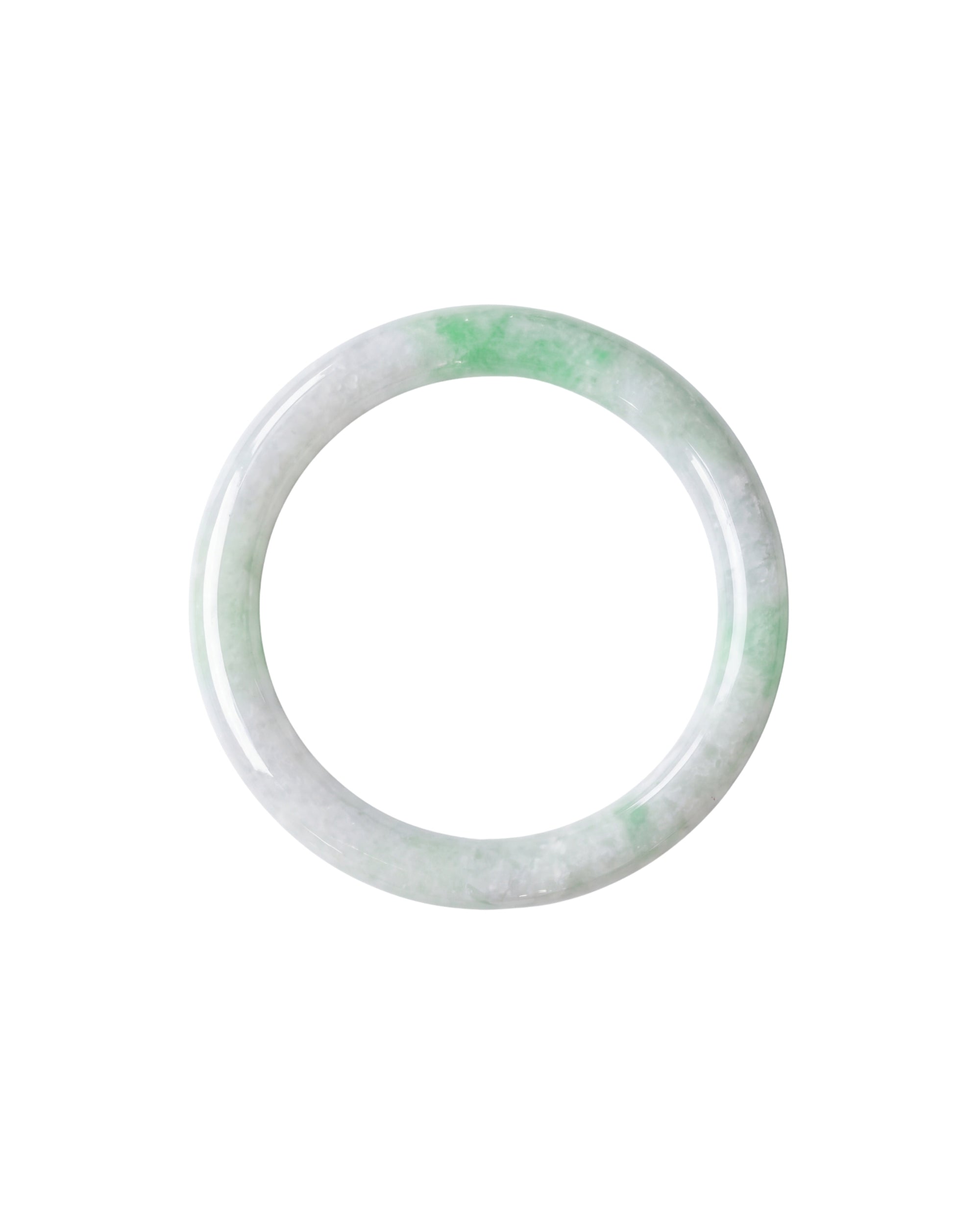 A round jadeite bangle bracelet with a light green and white marbled pattern, shown against a plain white background.