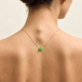 A woman shown from the back wearing a delicate gold chain necklace with a small round green pendant against a plain light beige background.