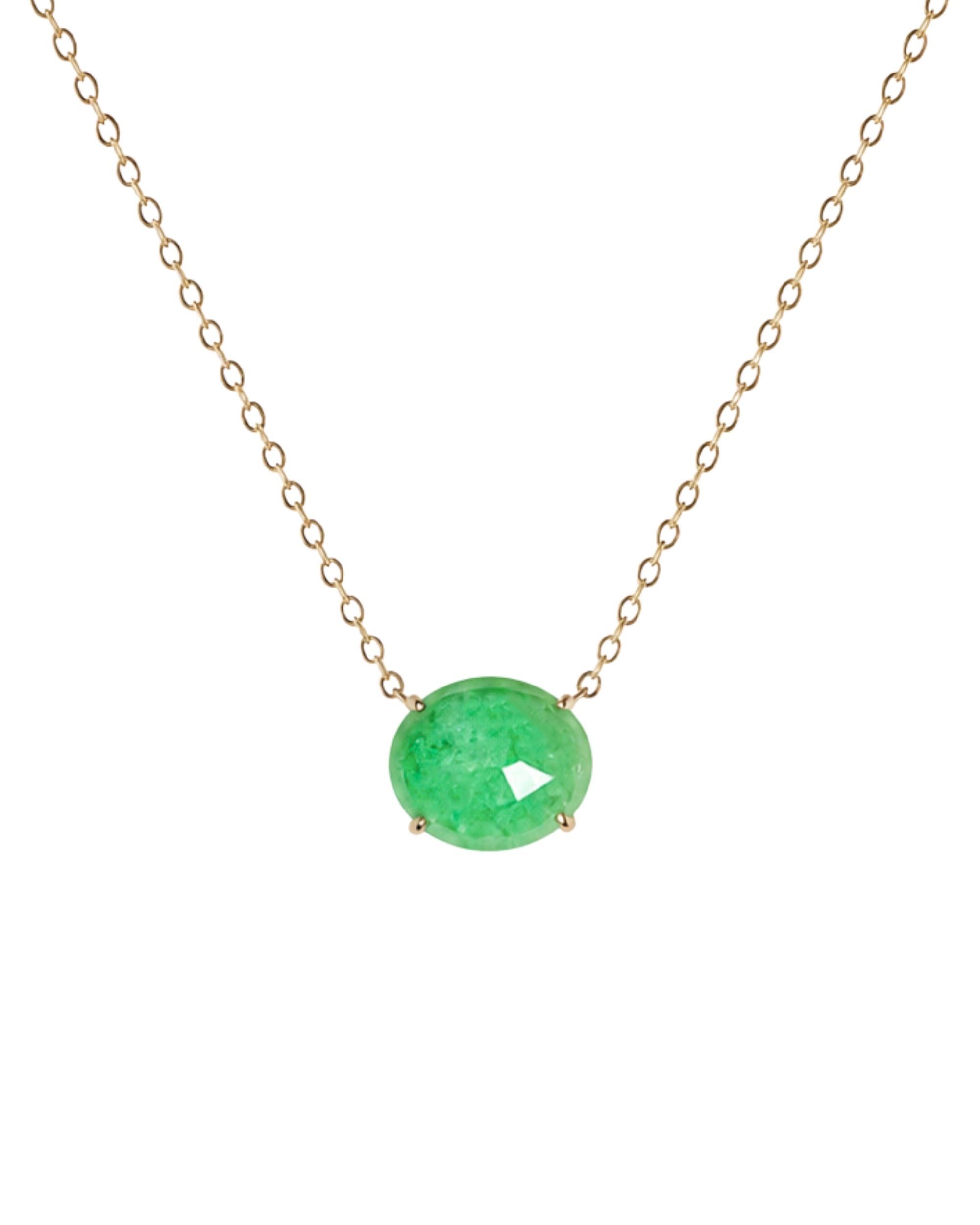 A delicate gold chain necklace featuring a small, oval-cut green gemstone pendant in a four-prong setting, shown against a plain white background.