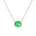 A delicate gold chain necklace featuring a small, oval-cut green gemstone pendant in a four-prong setting, shown against a plain white background.