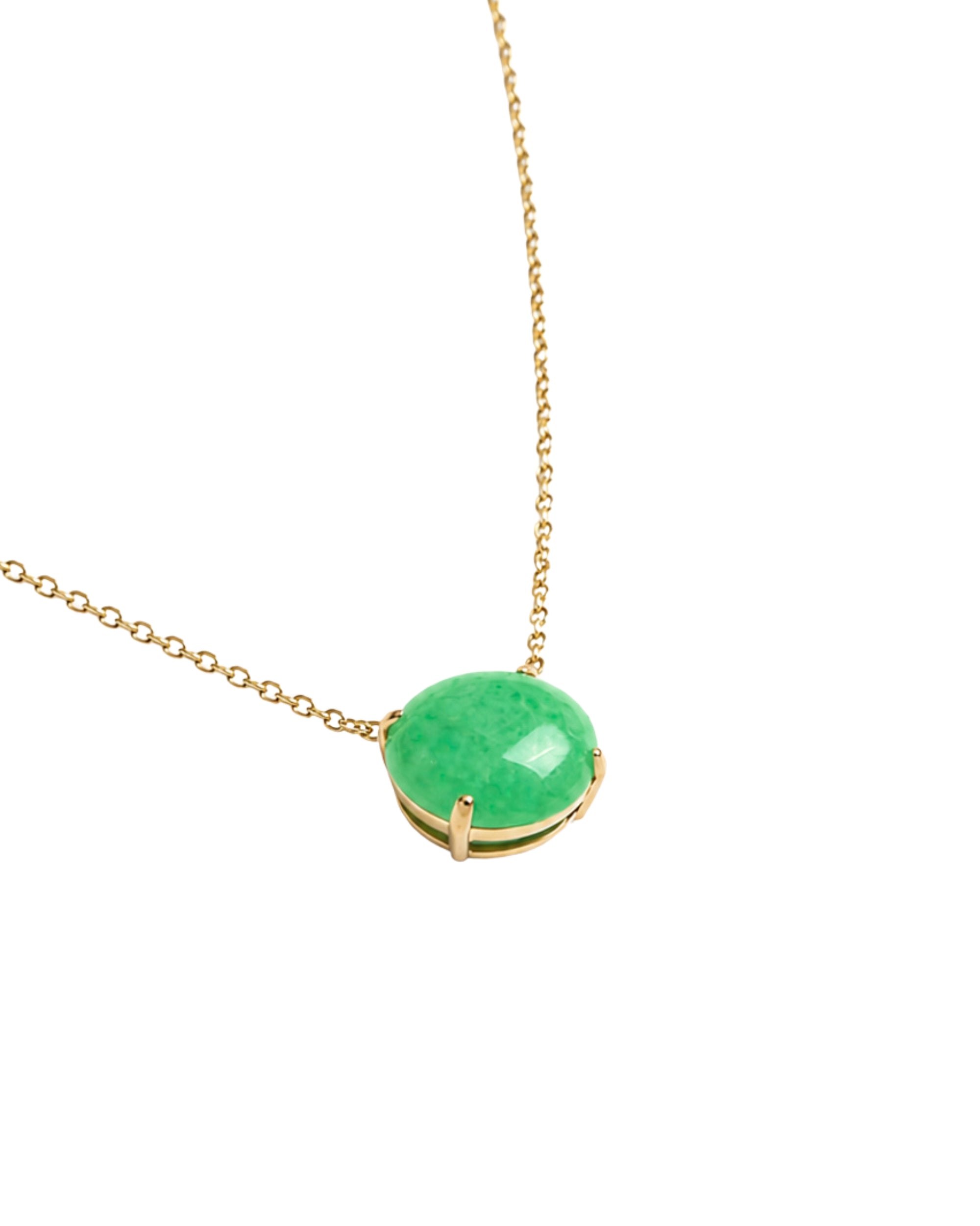 A gold chain necklace featuring a round, polished green stone pendant in a gold bezel setting, shown against a plain white background.