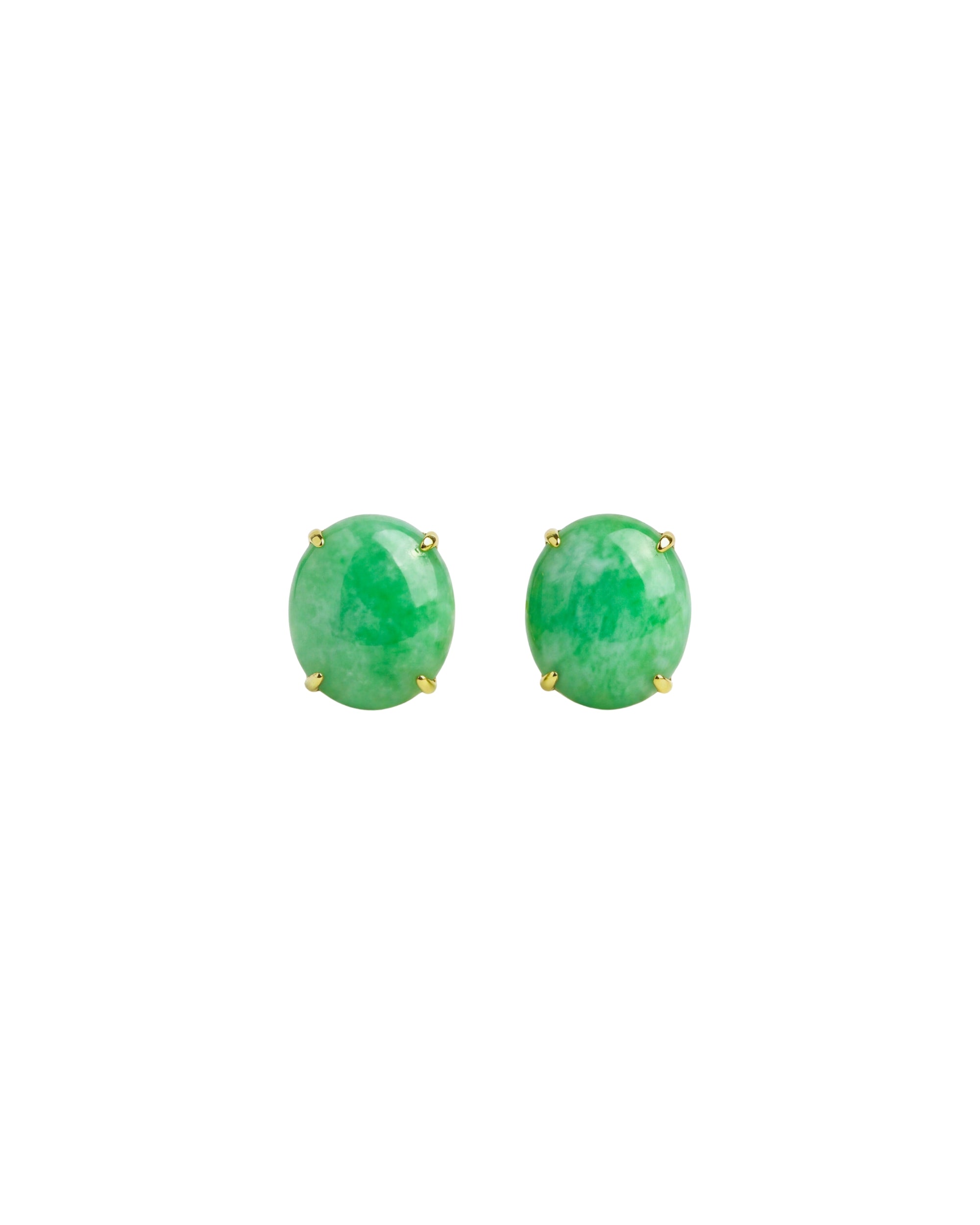 A pair of green oval gemstone stud earrings against a white background
