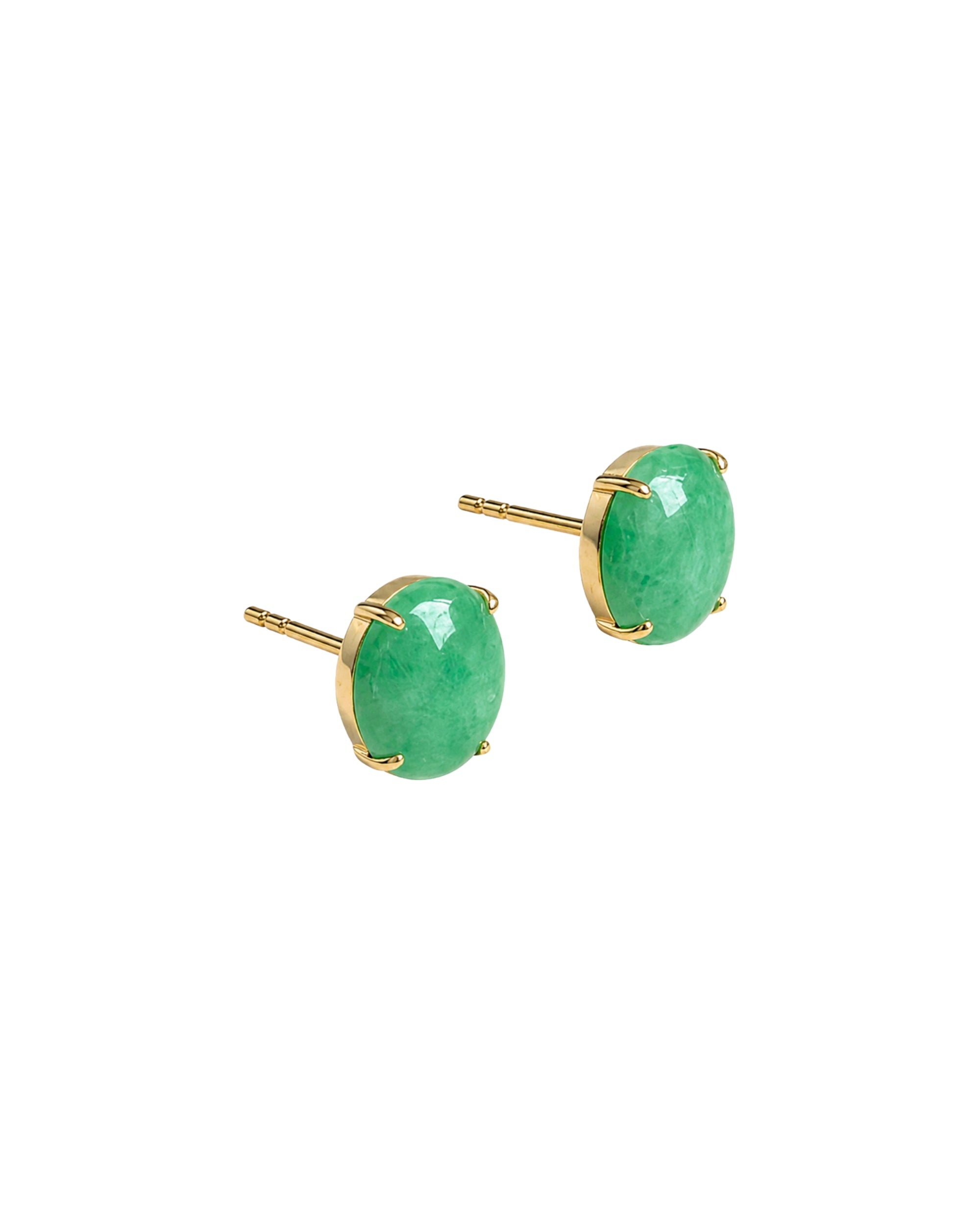 Pair of gold stud earrings with green jade on a white background