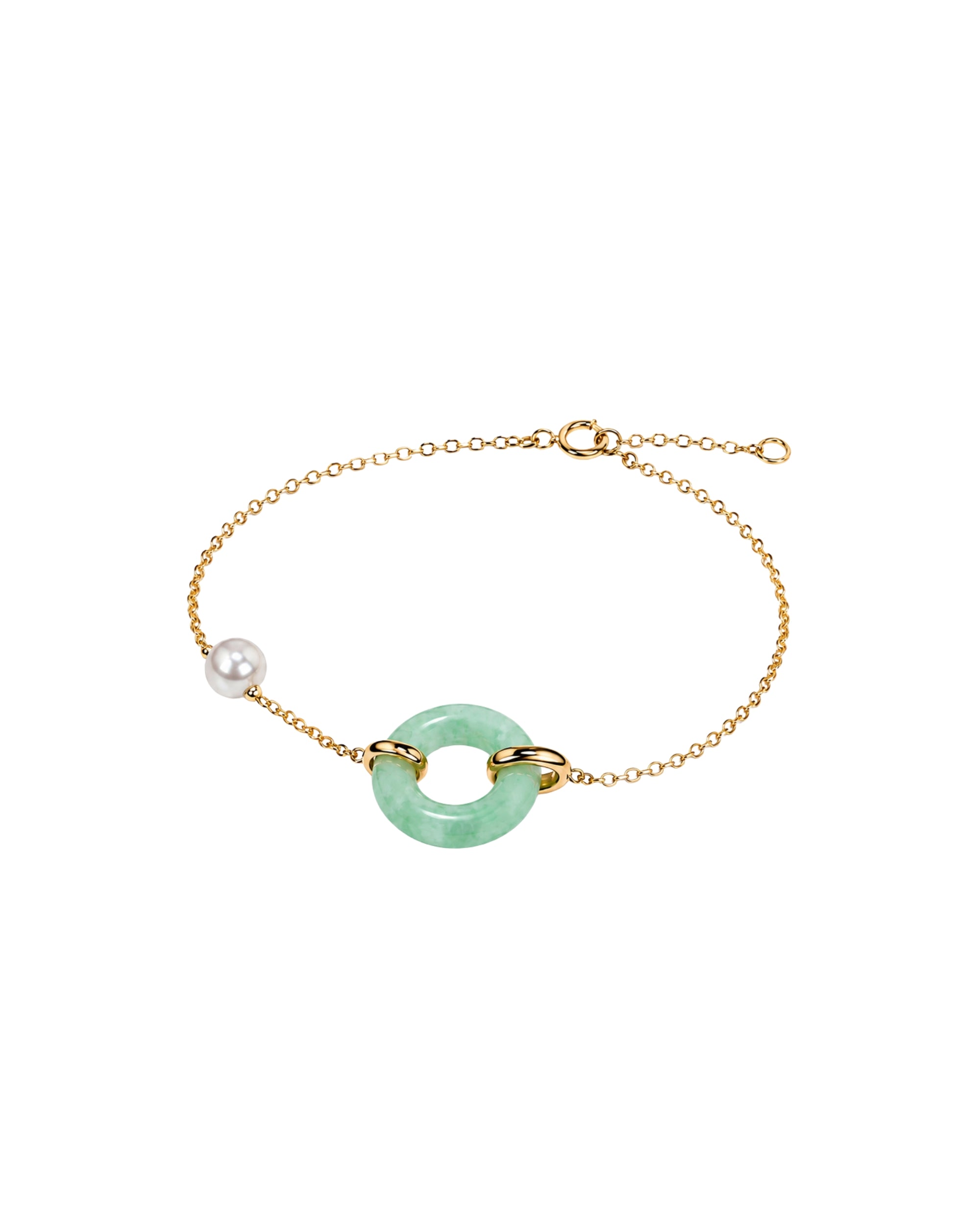 A delicate gold chain bracelet featuring a central light green jade-like ring and a single white pearl bead on the opposite side, displayed on a clean white background.