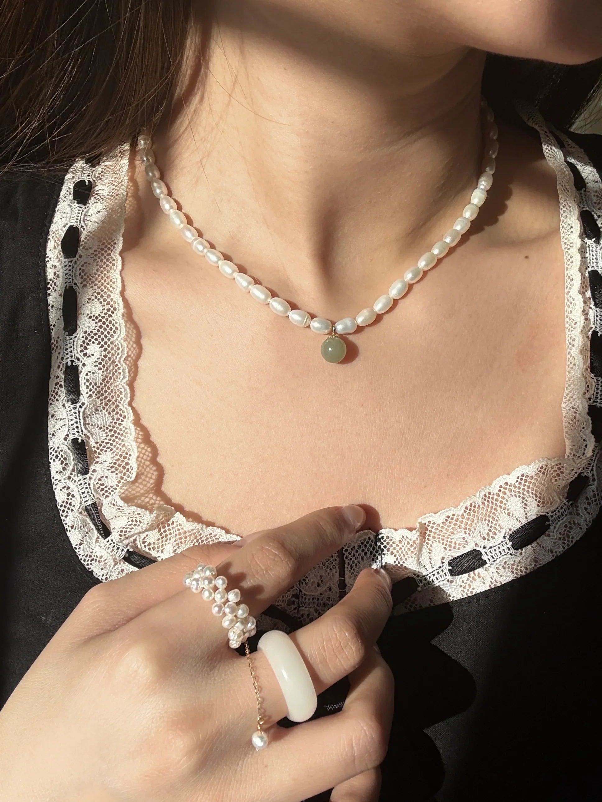 seree - Belle — Pearl and Green Jade Choker