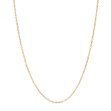 A delicate gold chain necklace displayed in a U-shape against a solid white background.