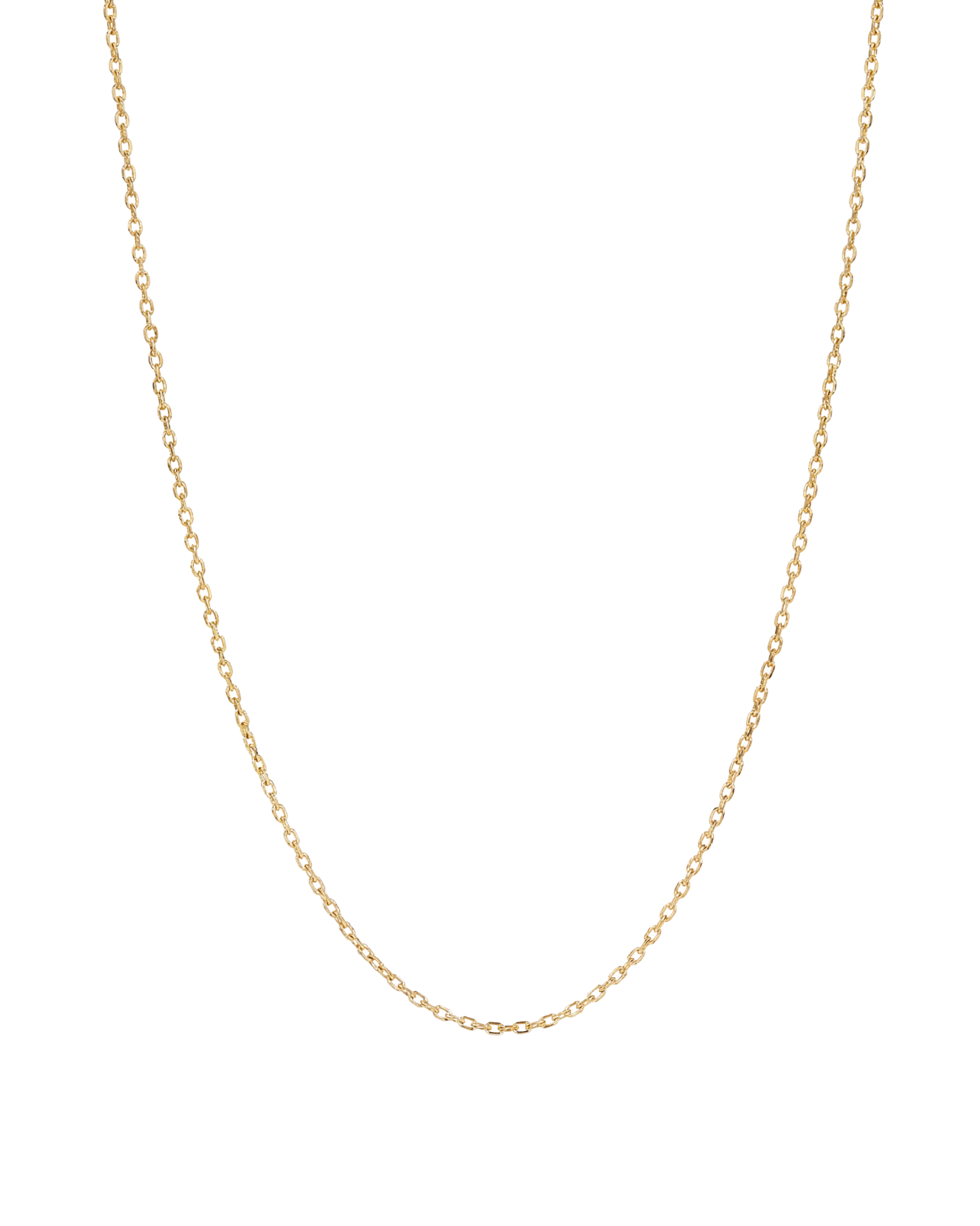 A delicate gold chain necklace displayed in a U-shape against a solid white background.