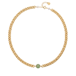 Gold chain necklace with a green gemstone on a white background, top view