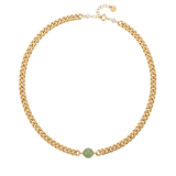 Gold chain necklace with a green gemstone on a white background, top view