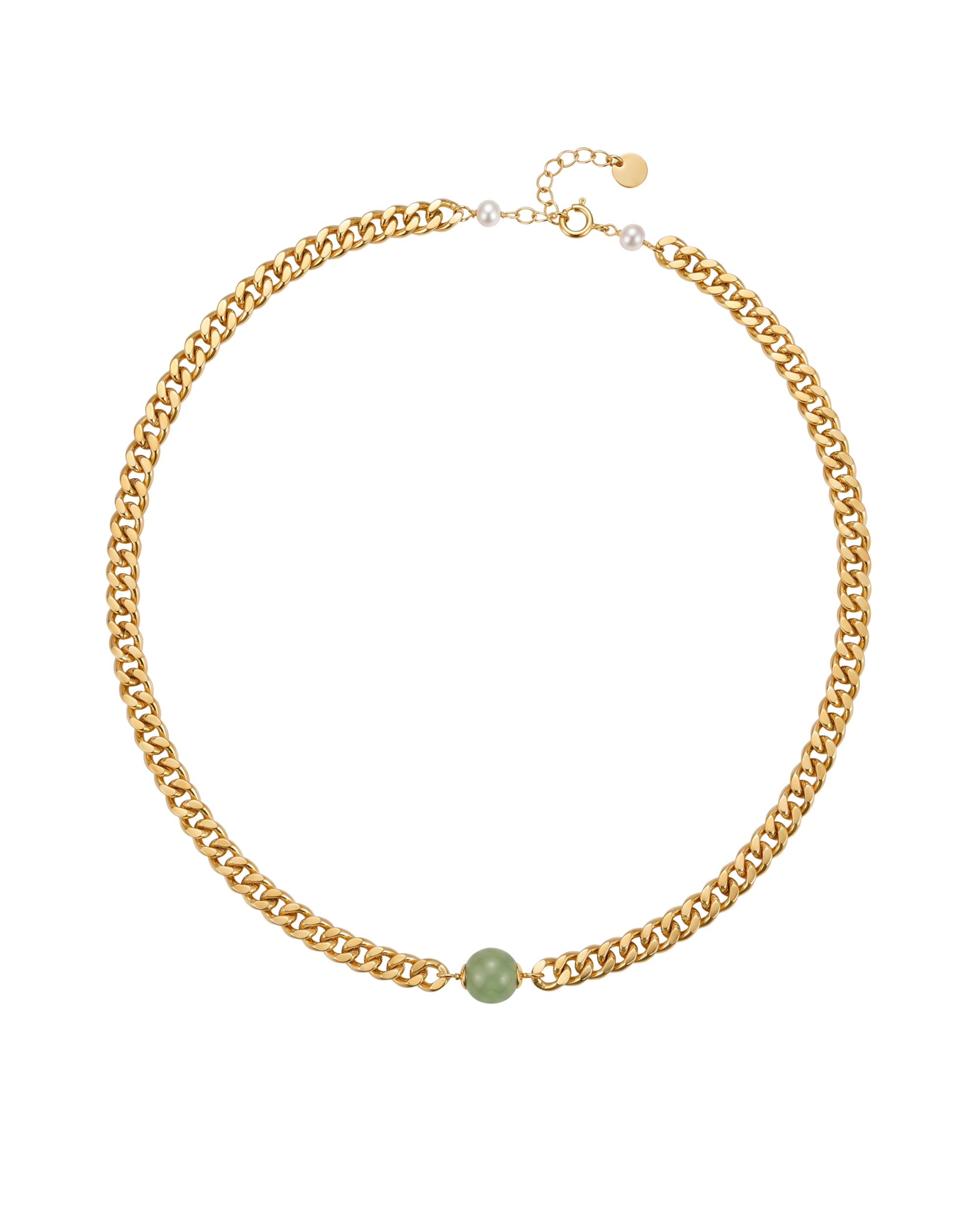 Gold chain necklace with a green gemstone on a white background, top view