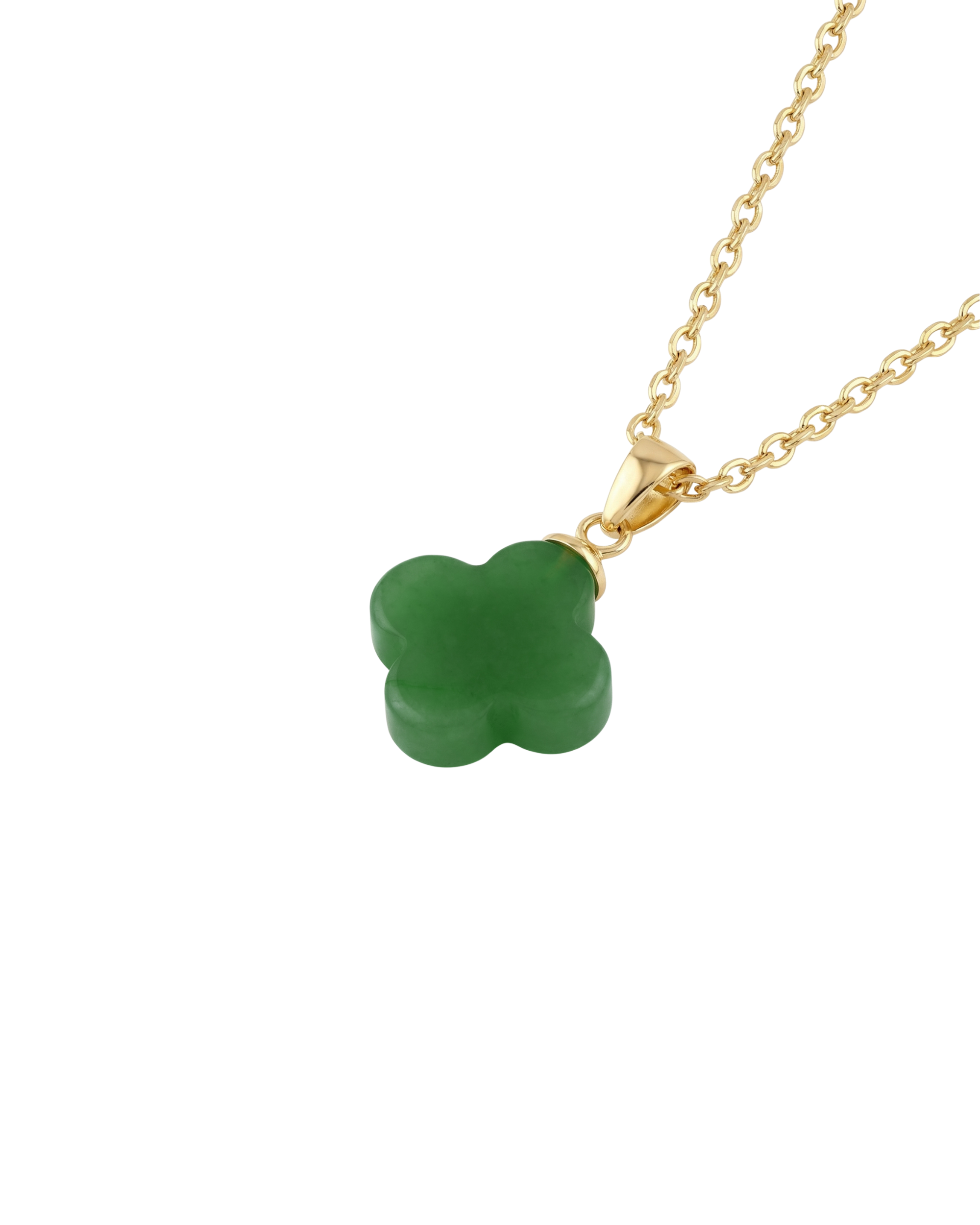 Green clover-shaped pendant on a gold chain against a white background, top view