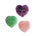 Three polished heart-shaped crystal stones on a white background: a purple amethyst, a green jade, and a pink rose quartz, each engraved with the name 'seree'.