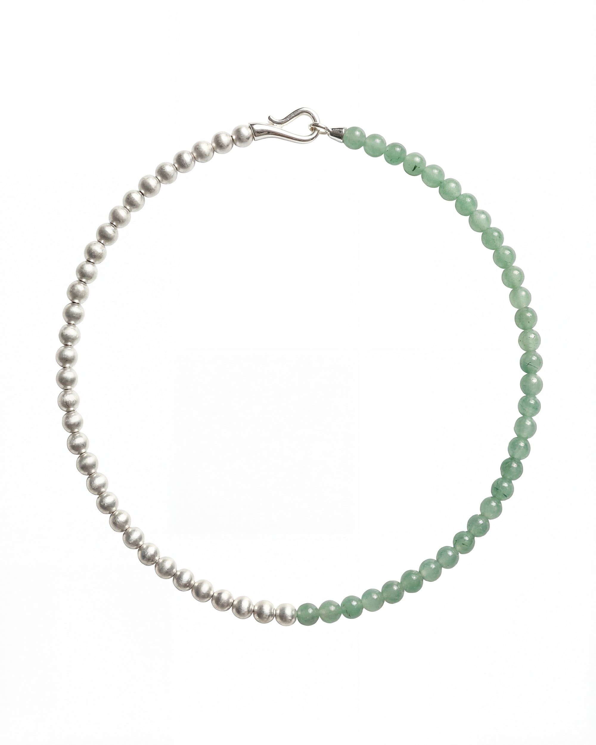 Green and silver beaded necklace showcasing a half-and-half arrangement of polished round beads with a silver clasp, shot on white background.