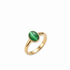 Angled shot of a gold ring with a green stone on a white background