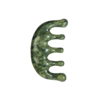 Green stone tool with a curved design on a white background