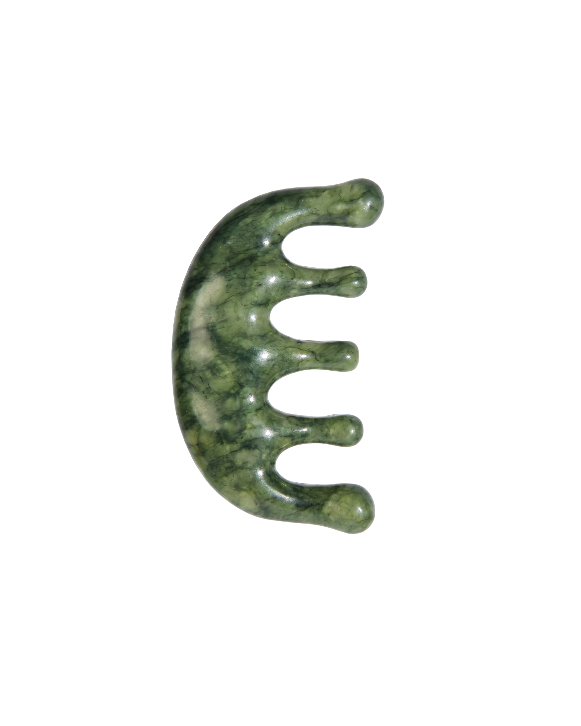Green stone tool with a curved design on a white background