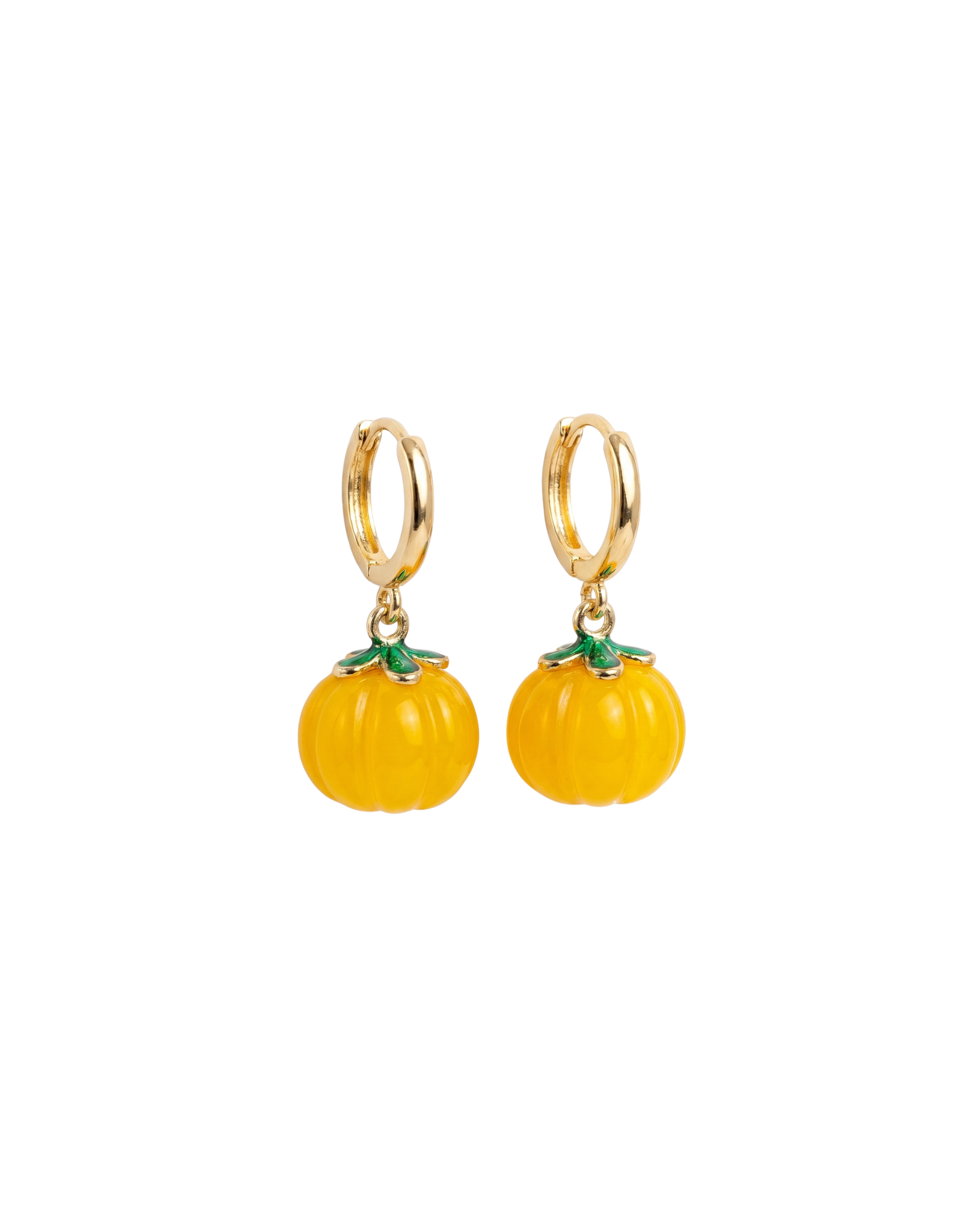 Pair of yellow pumpkin-shaped earrings with gold hooks on a white background