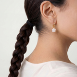 Close-up of a person wearing a star-shaped earring with a plain background
