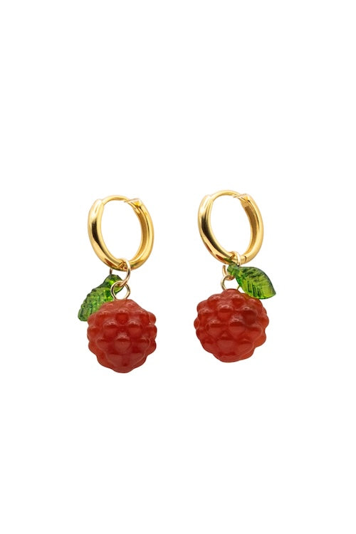 seree gold hoop earrings with raspberry charms