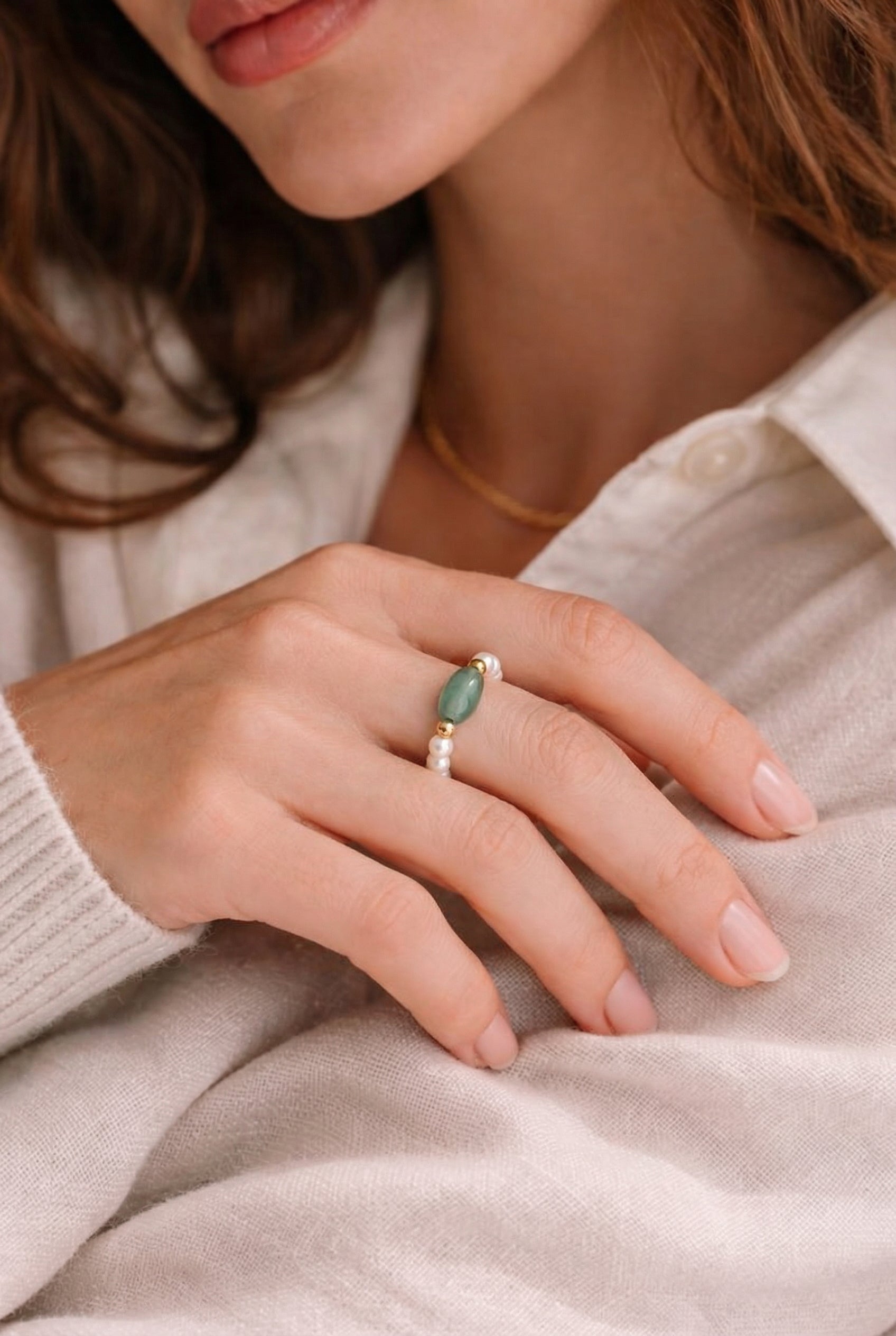 seree - Isa — Jade and Beaded Pearl Stretch Ring