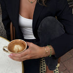 Person holding a cup of coffee outdoors, wearing a charlotte necklace, black blazer and white top.