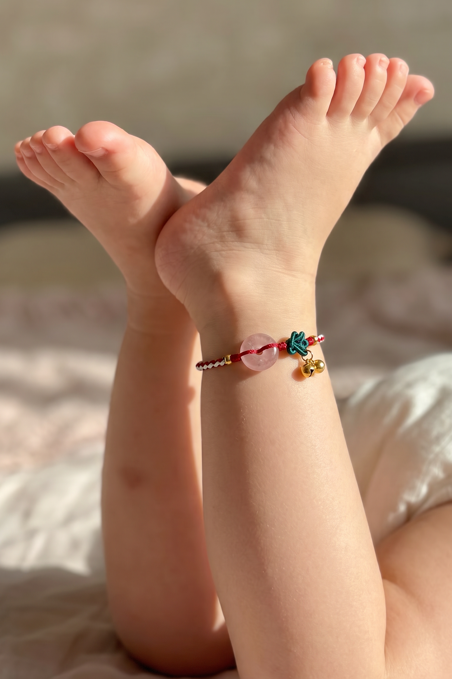 Child wearing a pink strawberry quartz peace buckle anklet with cherry charm while resting on a bed.