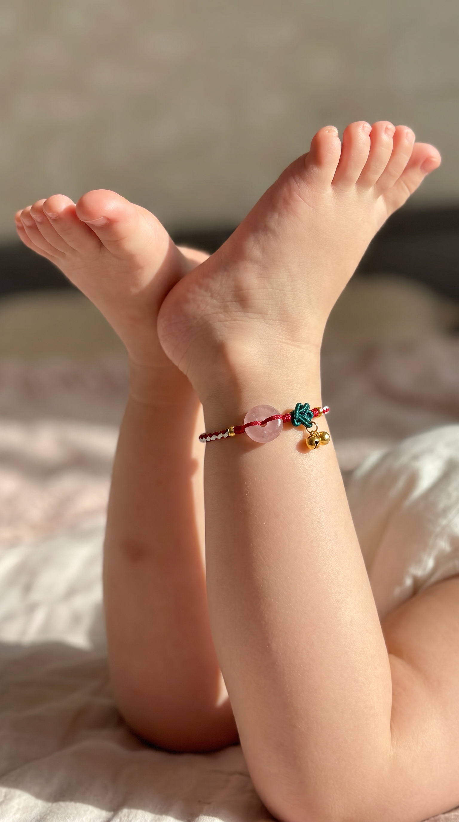 Child wearing a pink strawberry quartz peace buckle anklet with cherry charm while resting on a bed.