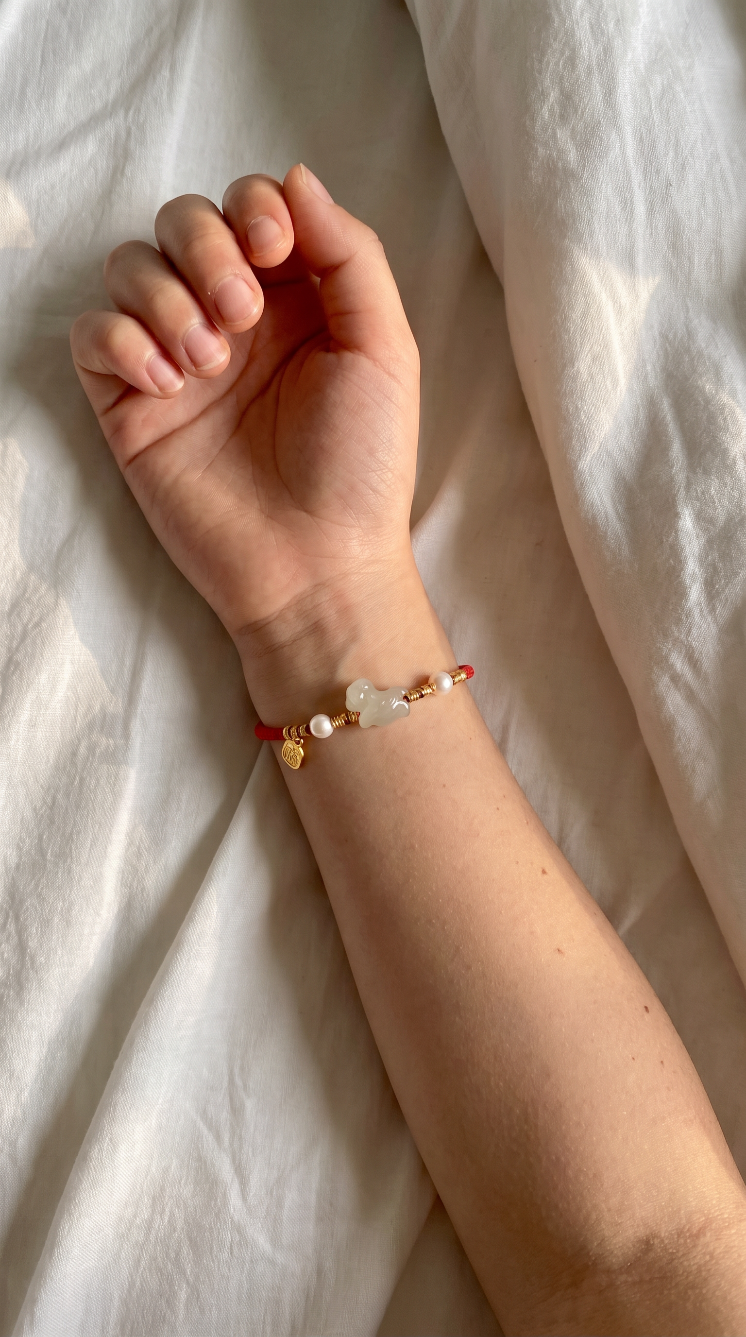 A close-up of a person's wrist wearing a delicate red cord bracelet with gold-toned charms, including a small heart, a pearl-like bead, and a light stone, resting on white fabric.