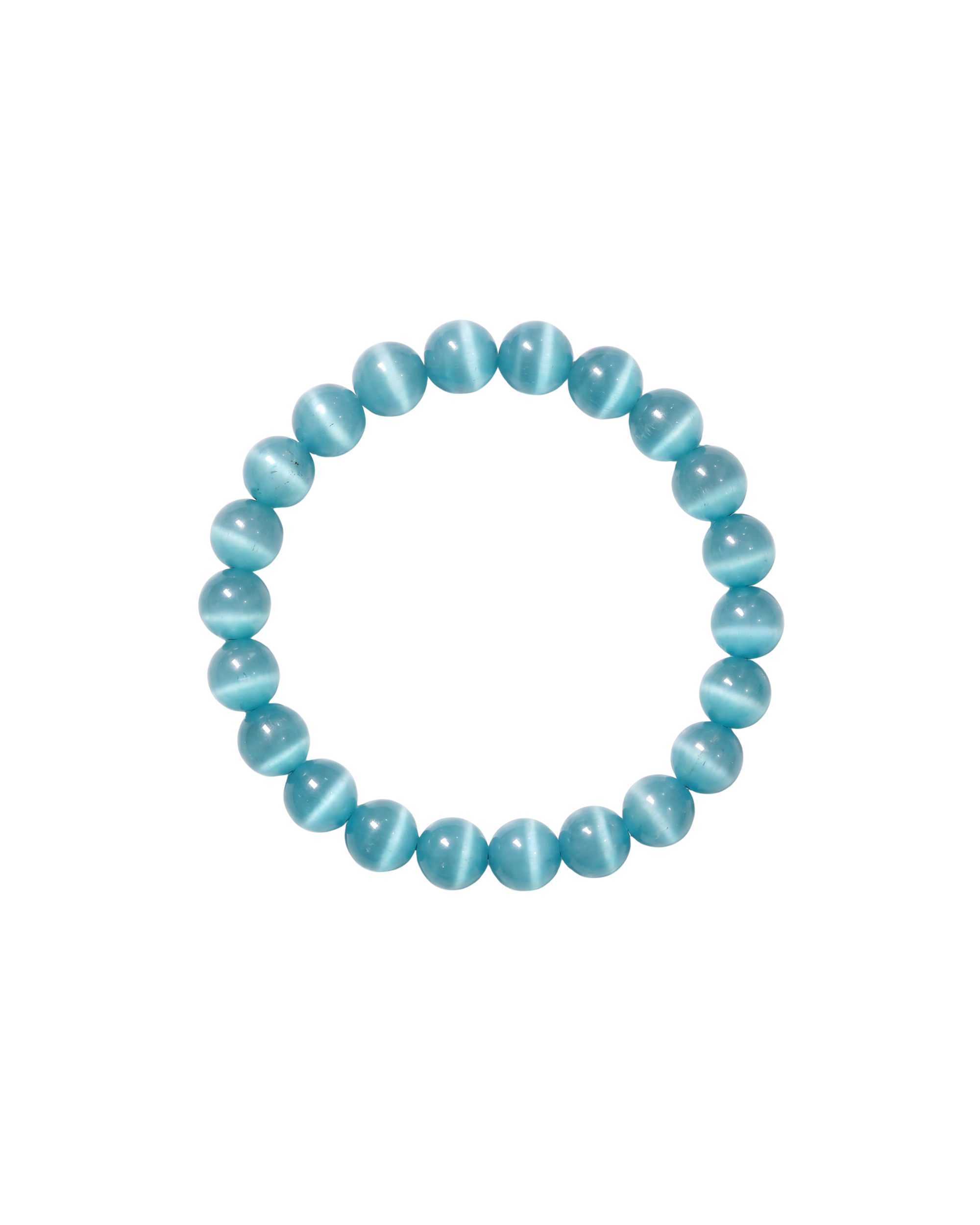 Flatlay shot of a blue cat's eye beaded bracelet on a white background