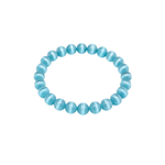 Slightly angled top-down view of a blue cat's eye beaded bracelet on a white background
