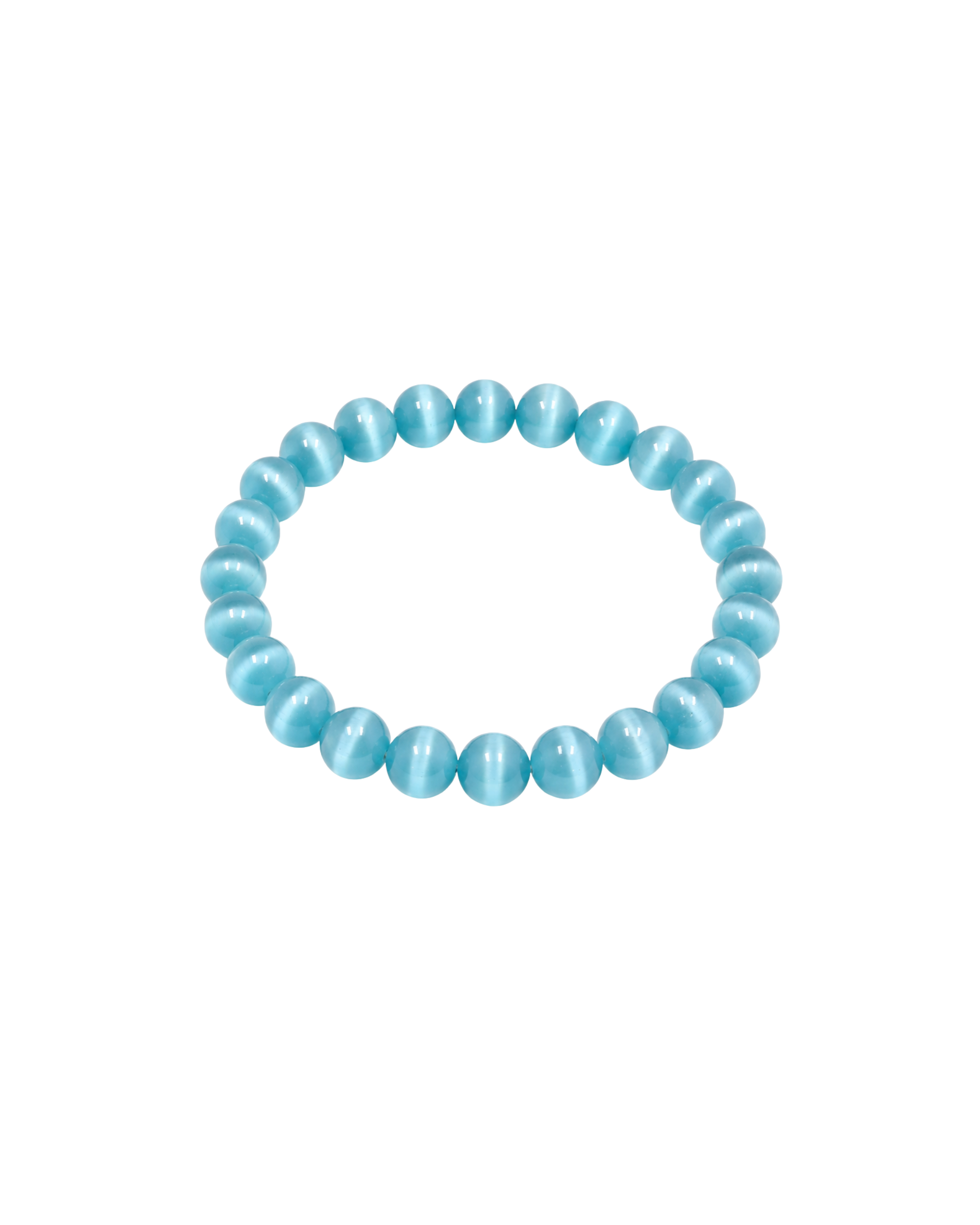 Slightly angled top-down view of a blue cat's eye beaded bracelet on a white background