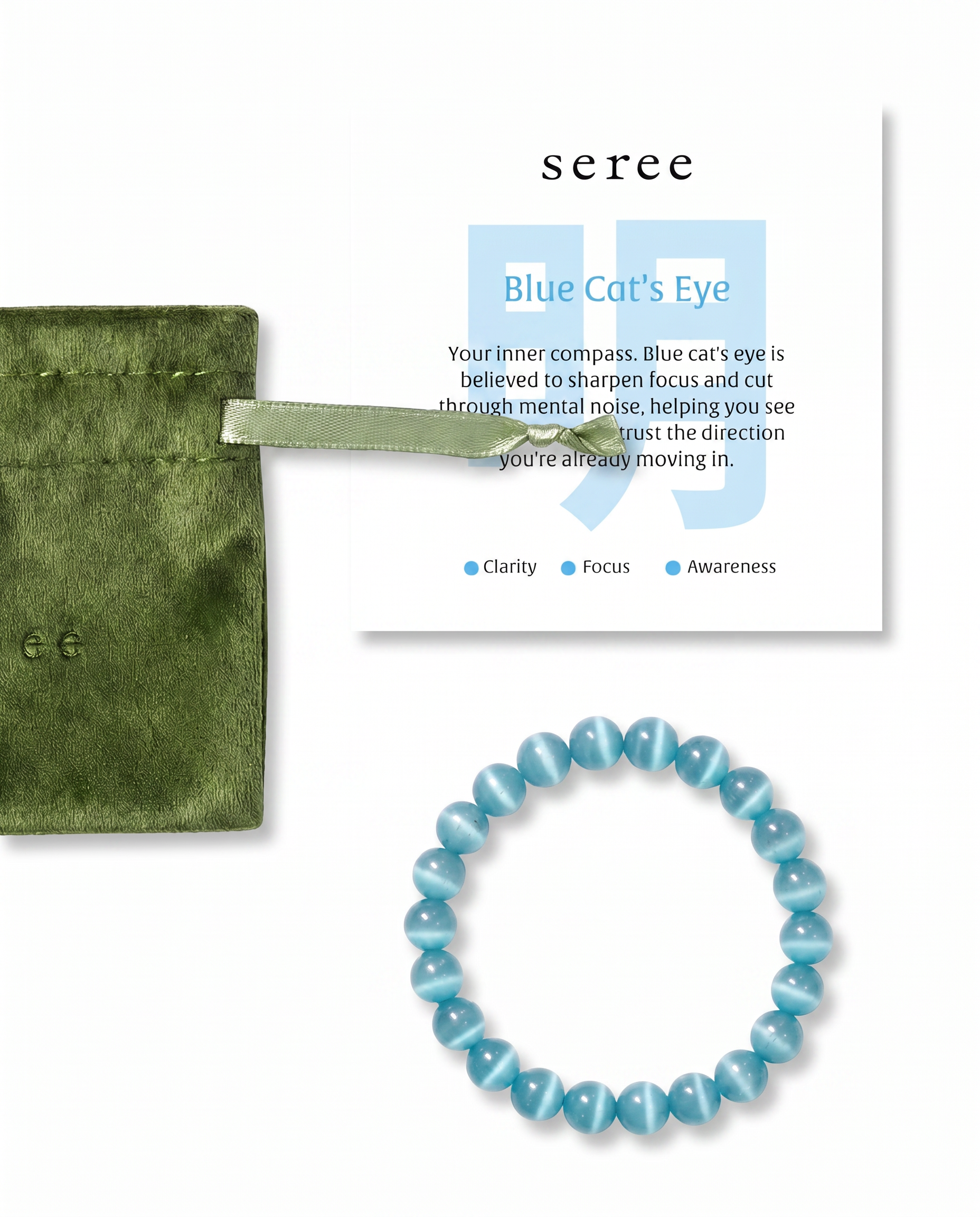 Blue beaded bracelet with a green pouch and 'seree' card on a white background