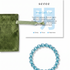Blue beaded bracelet with a green pouch and 'seree' card on a white background