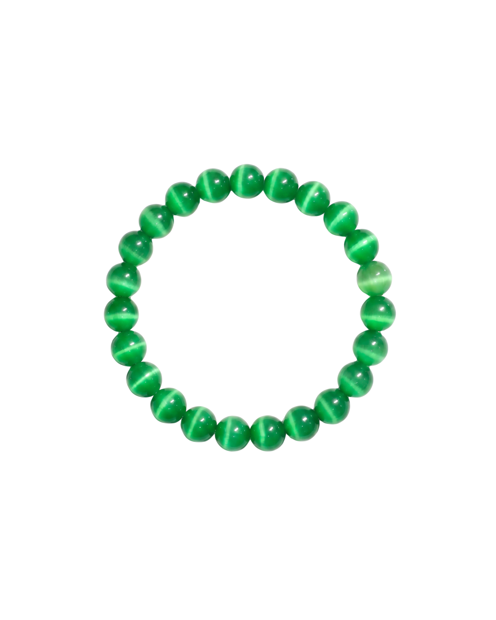 Flatlay shot of a green cat's eye beaded bracelet on a white background