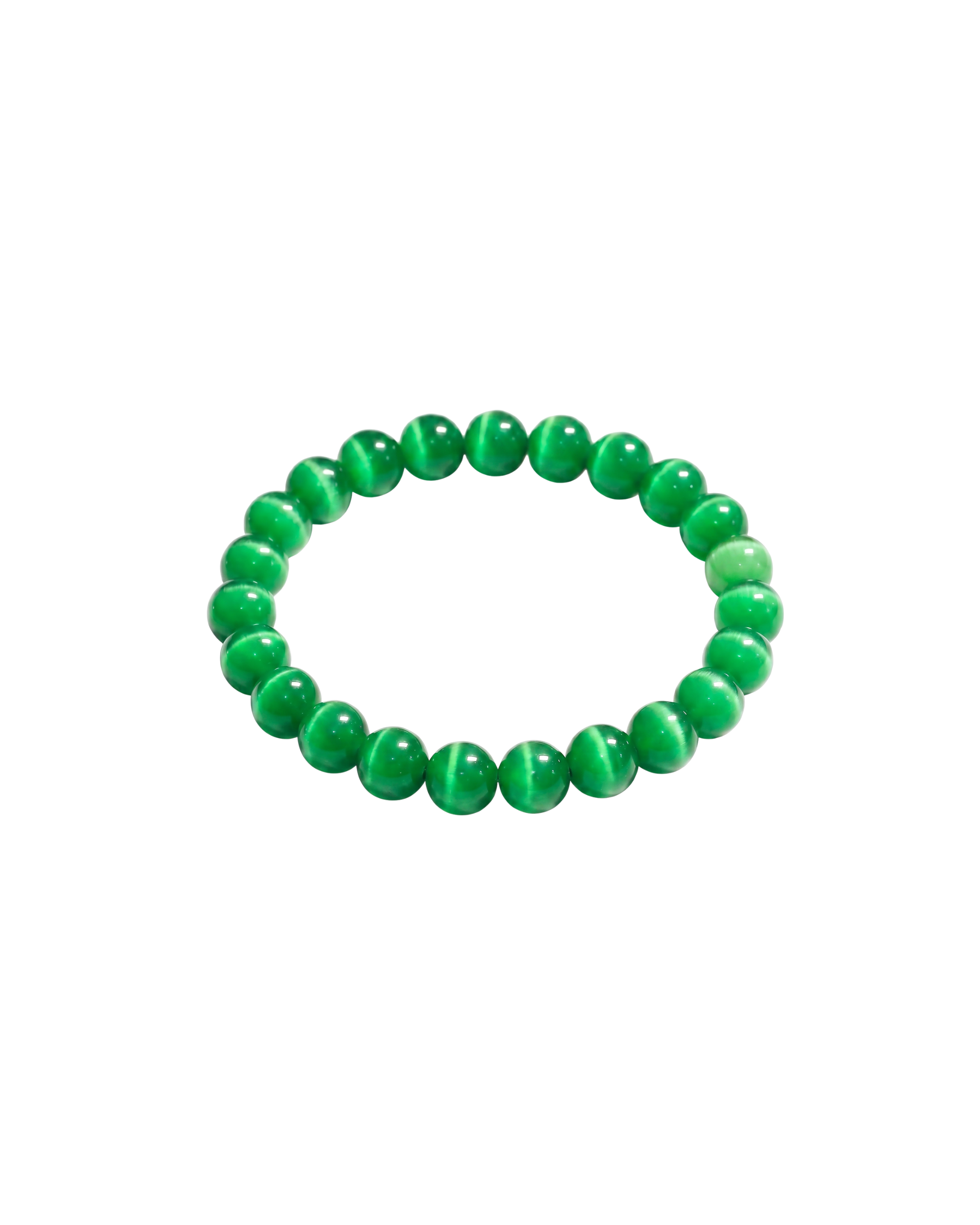 Slightly angled top-down view of a green cat's eye beaded bracelet on a white background