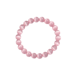 Flatlay shot of a pink cat's eye beaded bracelet on a white background