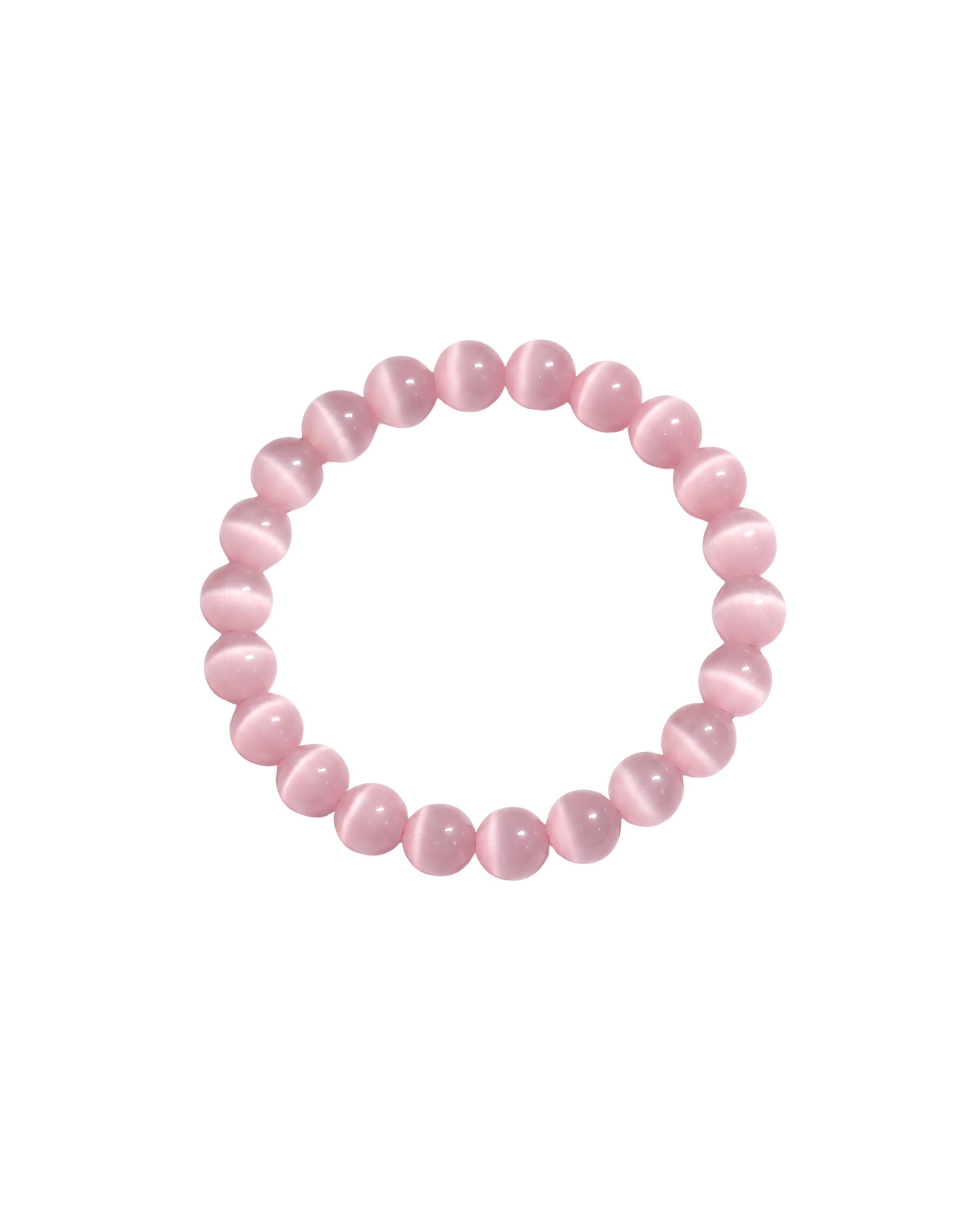 Flatlay shot of a pink cat's eye beaded bracelet on a white background