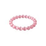Slightly angled top-down view of a pink cat's eye beaded bracelet on a white background