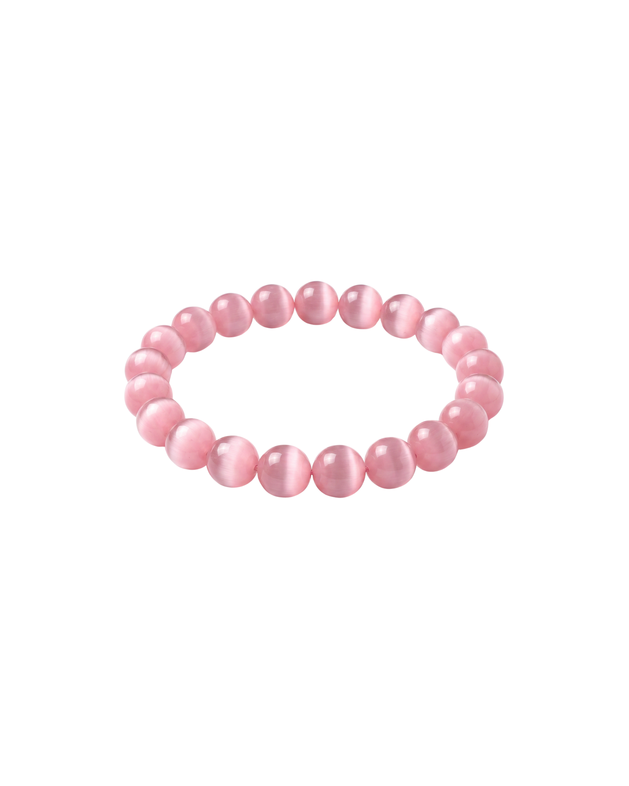 Slightly angled top-down view of a pink cat's eye beaded bracelet on a white background