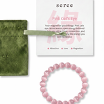 Pink beaded bracelet with 'seree' packaging on a white background