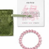 Pink beaded bracelet with 'seree' packaging on a white background