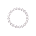 Flatlay shot of a white cat's eye beaded bracelet on a white background