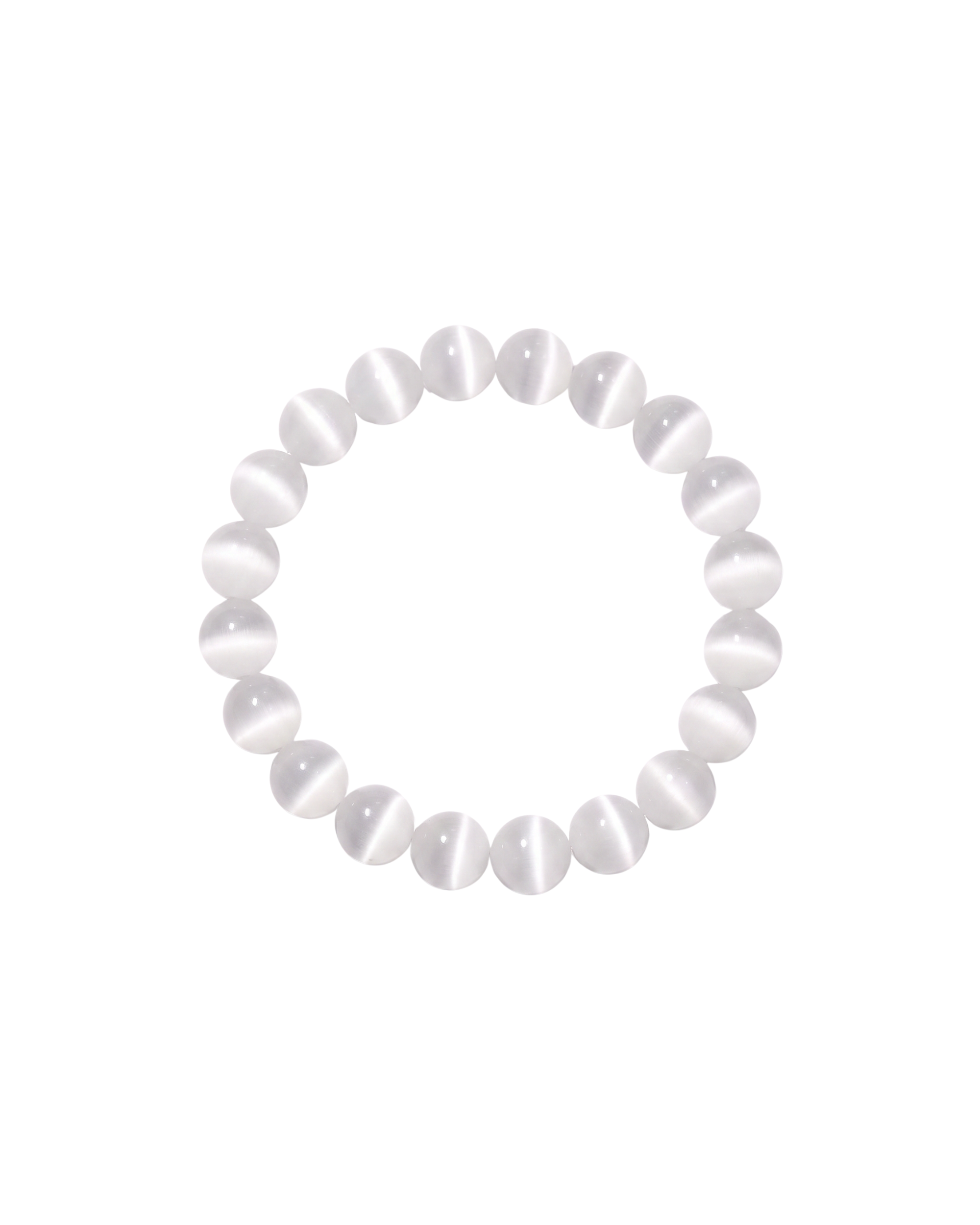 Flatlay shot of a white cat's eye beaded bracelet on a white background
