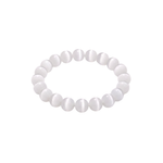 Slightly angled top-down view of a white beaded bracelet on a white background