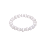 Slightly angled top-down view of a white beaded bracelet on a white background