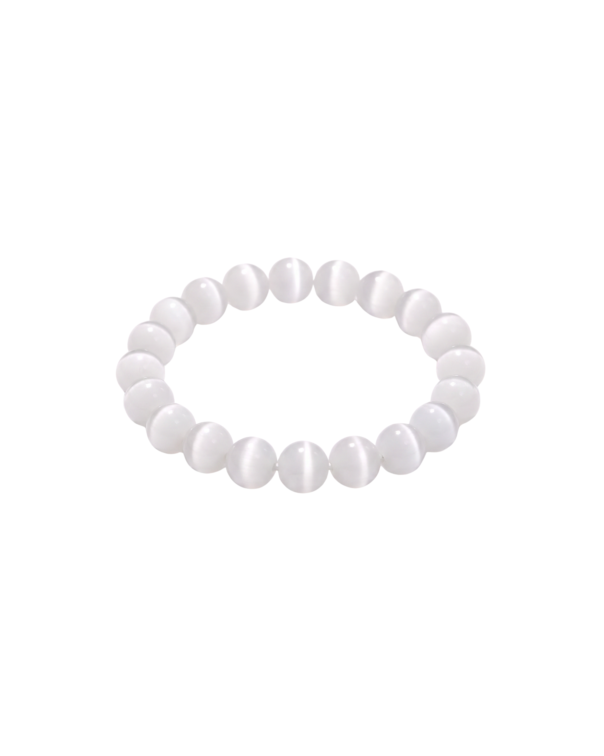 Slightly angled top-down view of a white beaded bracelet on a white background